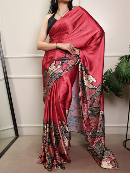 Satin Silk Print Saree with Unstitched Blouse
