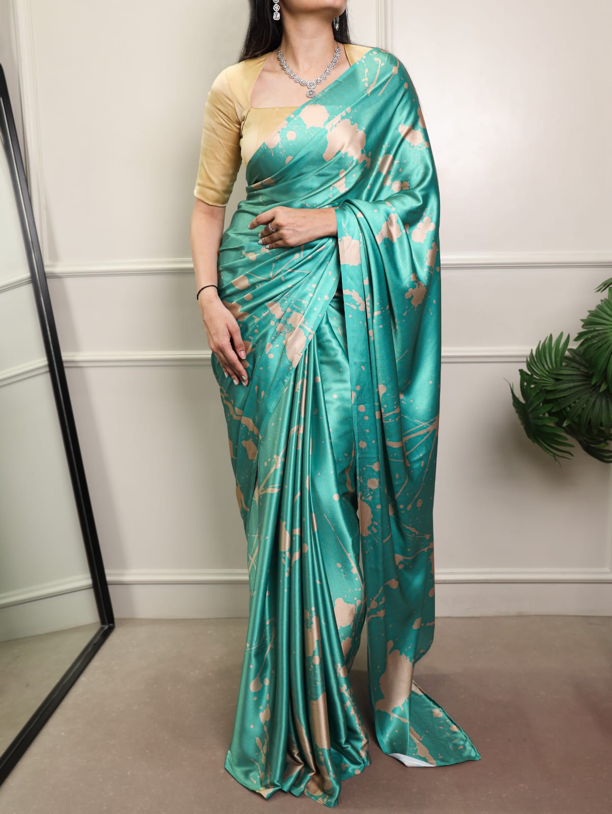 Satin Silk Print Saree with Unstitched Blouse
