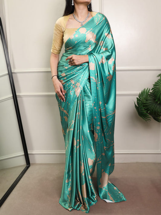 Satin Silk Print Saree with Unstitched Blouse