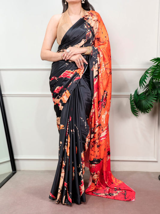 Satin Silk Print Saree with Unstitched Blouse