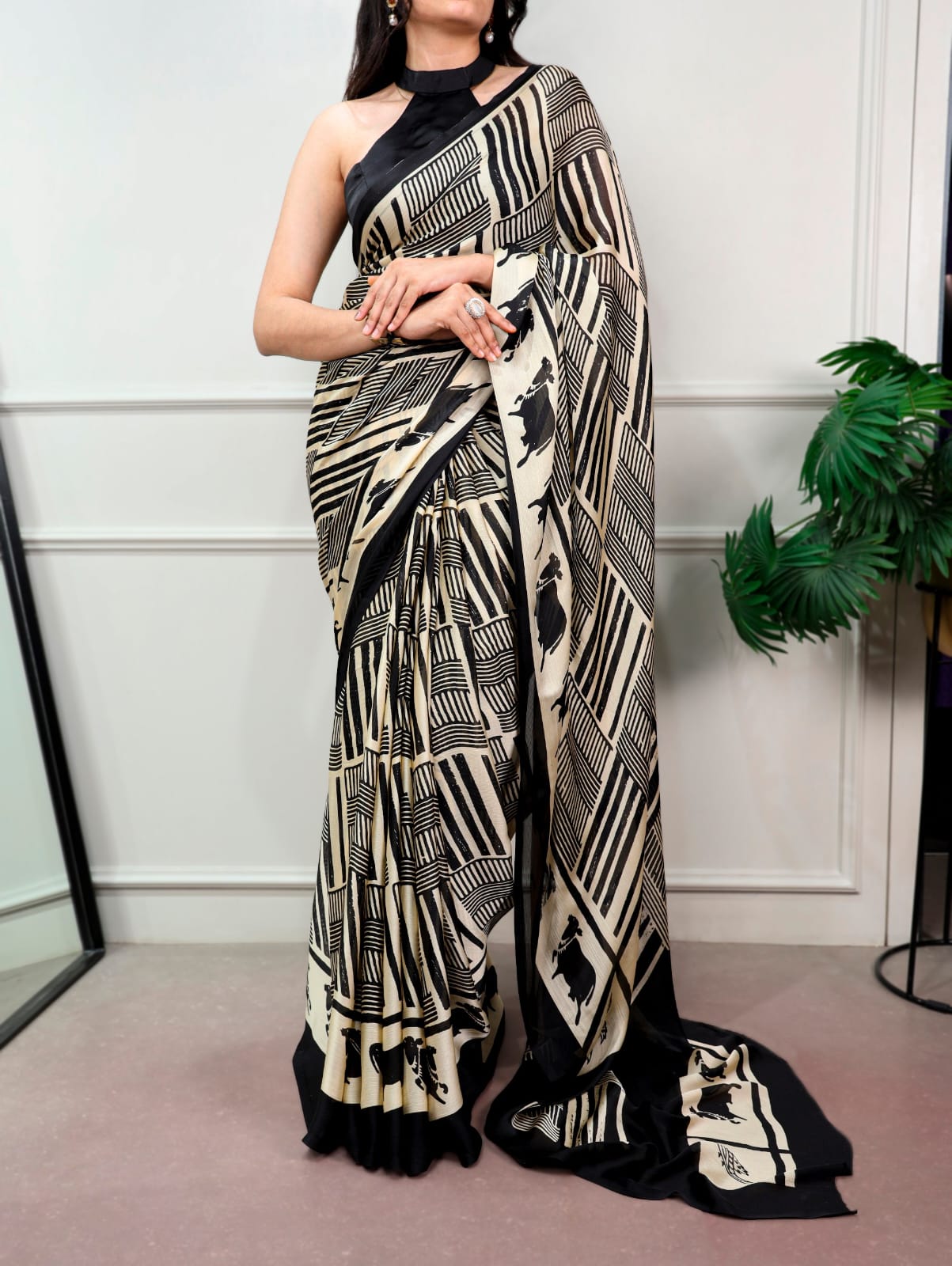 Satin Chiffon Print Saree with Unstitched Blouse