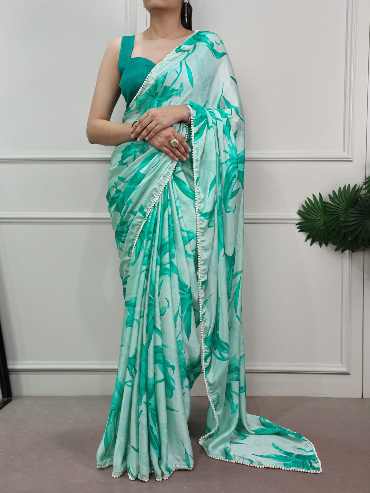 Floral Print with Pearl Lace Border Satin Silk Saree with Unstitched Blouse