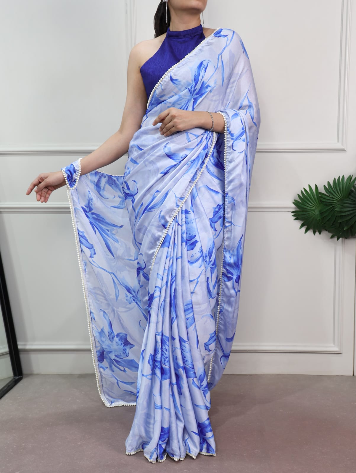 Floral Print with Pearl Lace Border Satin Silk Saree with Unstitched Blouse