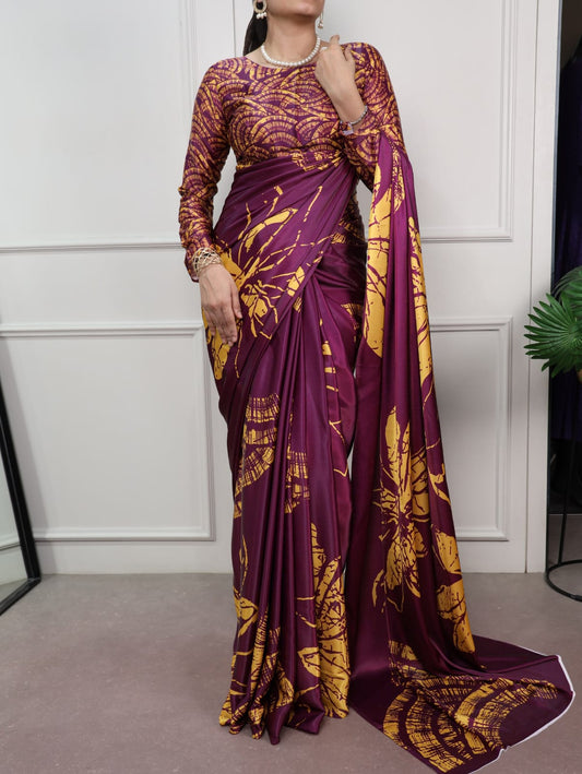 Satin Silk Print Saree with Unstitched Blouse