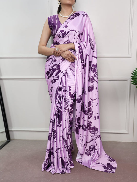 Satin Silk Print Saree with Unstitched Blouse