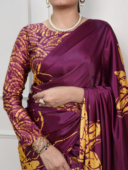 Satin Silk Print Saree with Unstitched Blouse