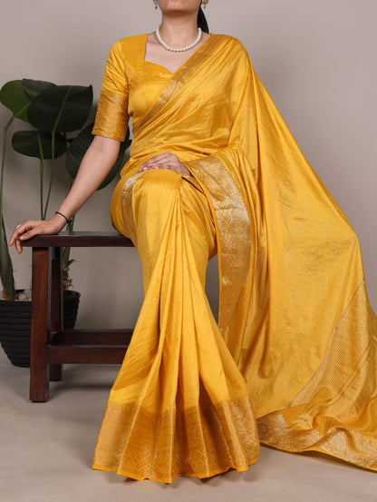 Yellow color Zari Weaving Traditional Saree with Unstitched Blouse