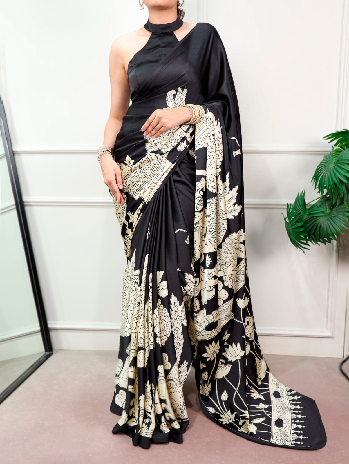 Kalamkari Print Satin Silk Saree with Unstitched Blouse