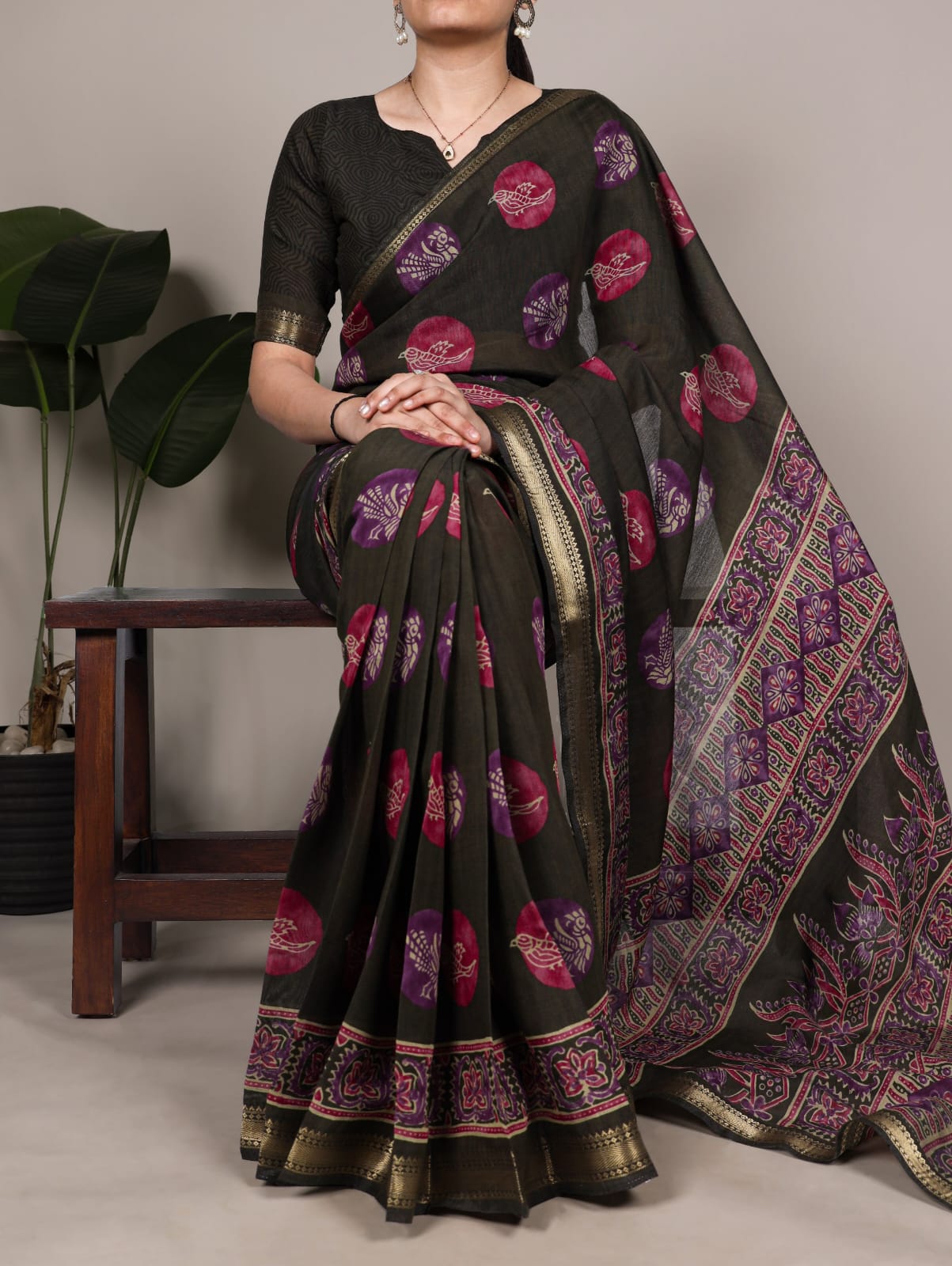 P.V Chanderi Print Saree with Unstitched Blouse