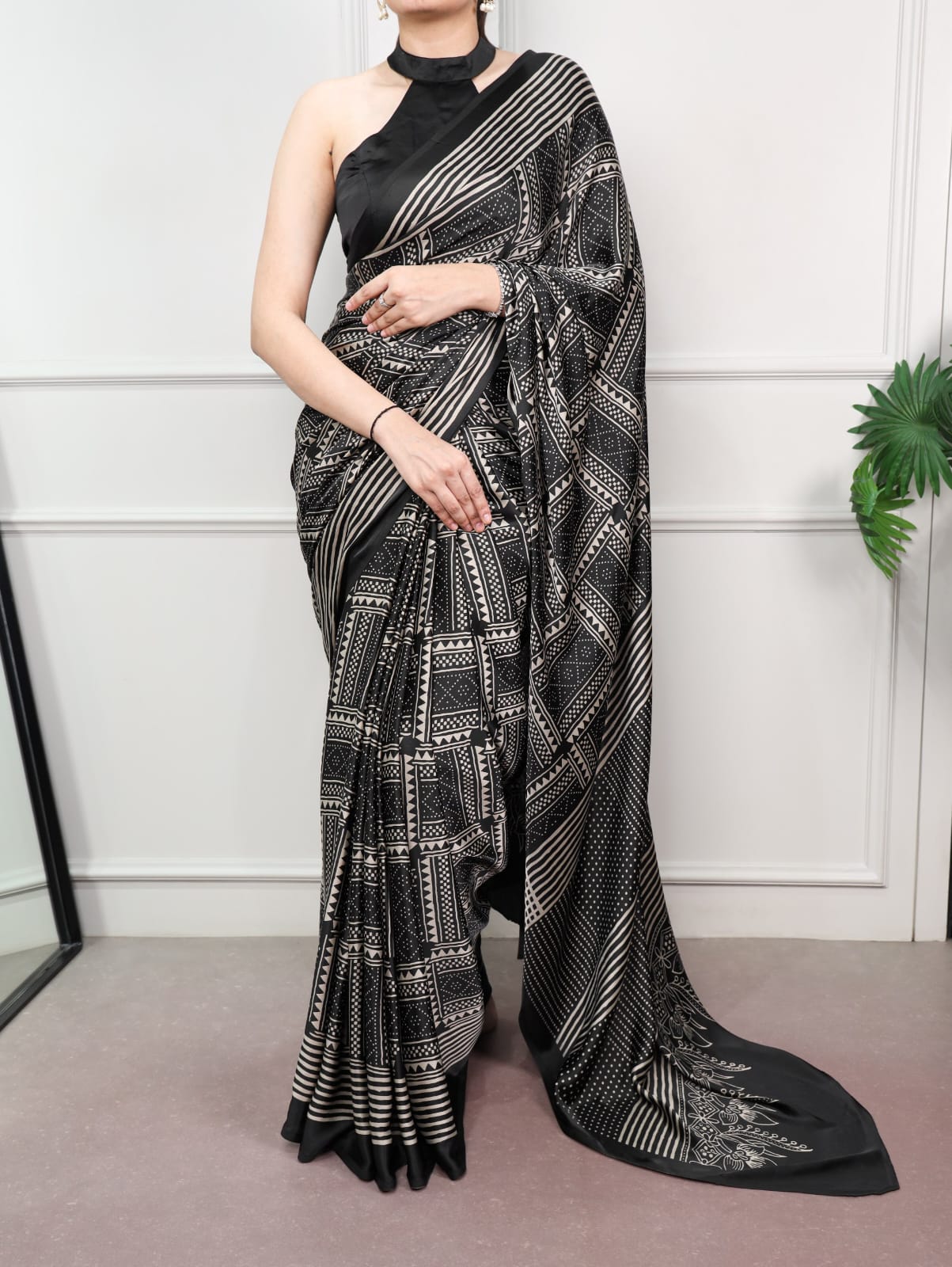 Satin Silk Print Saree with Unstitched Blouse