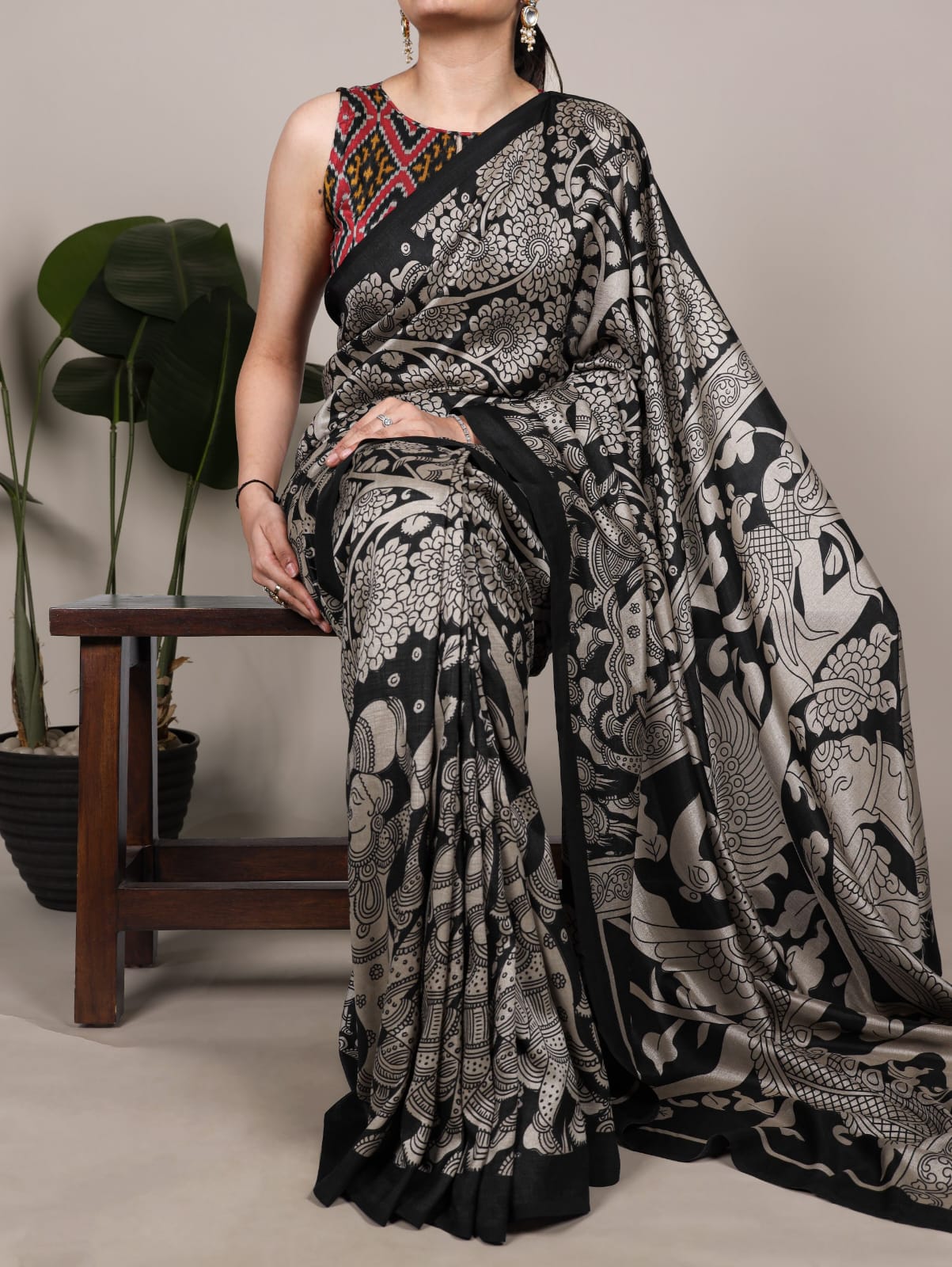 Kalamkari Print Saree with Unstitched Blouse