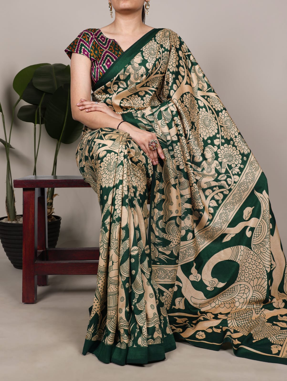 Kalamkari Print Saree with Unstitched Blouse