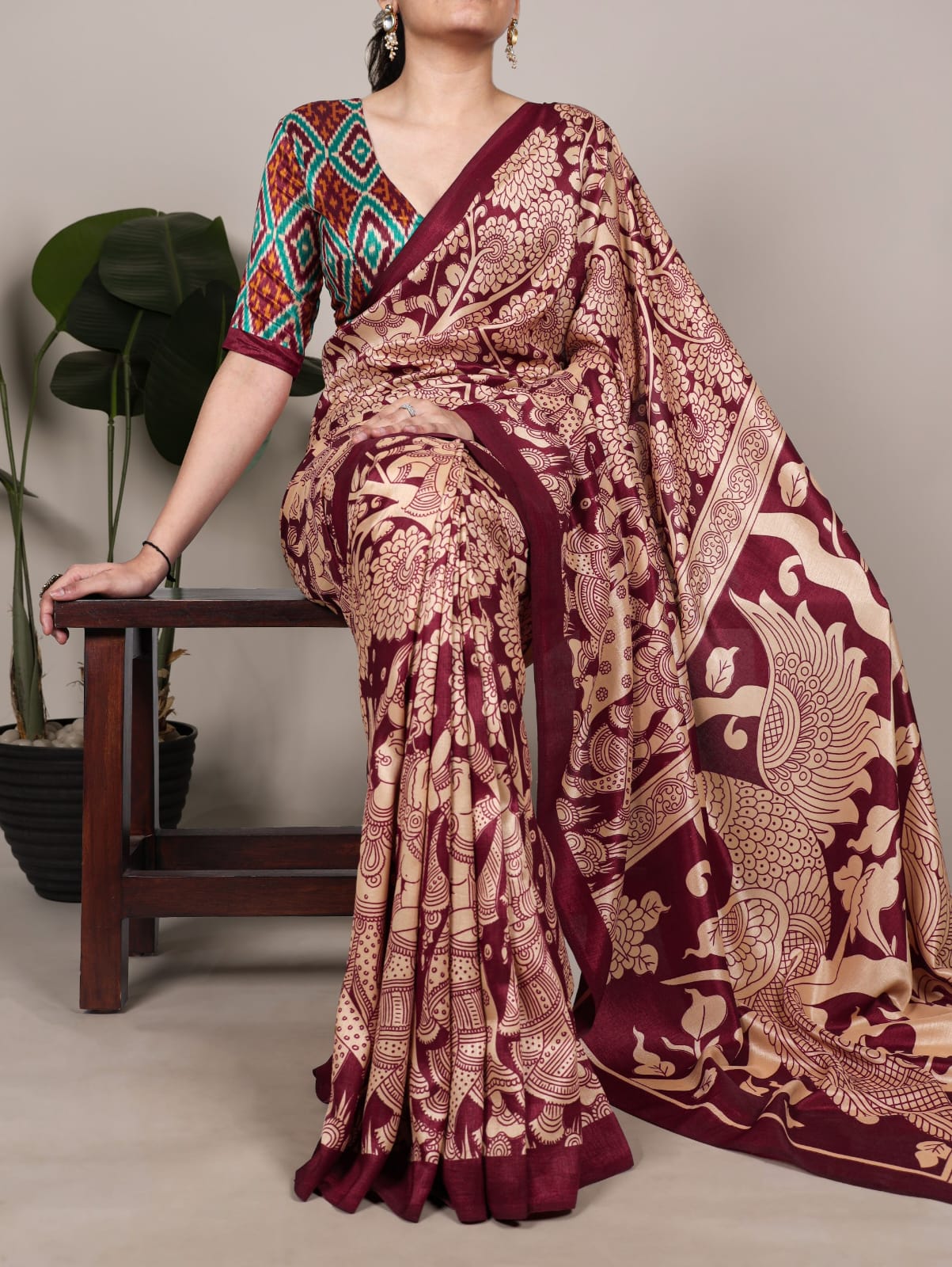 Kalamkari Print Saree with Unstitched Blouse