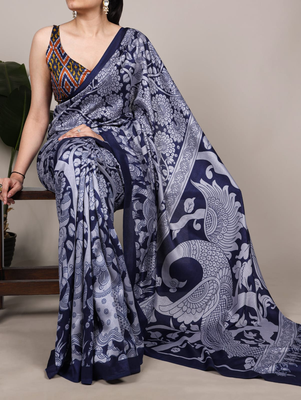 Kalamkari Print Saree with Unstitched Blouse