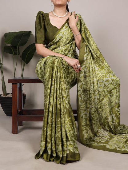 Satin Silk Print Saree with Unstitched Blouse