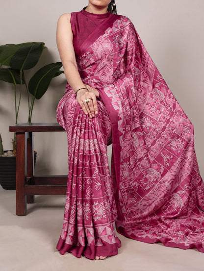 Satin Silk Print Saree with Unstitched Blouse