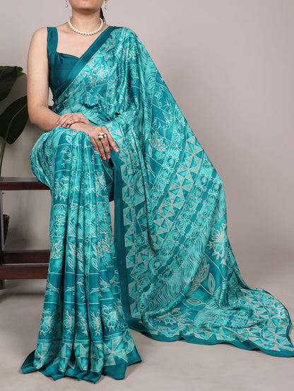 Satin Silk Print Saree with Unstitched Blouse