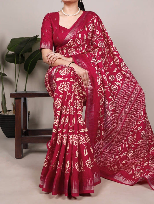 Floral Print Slub Silk Saree with Unstitched Blouse