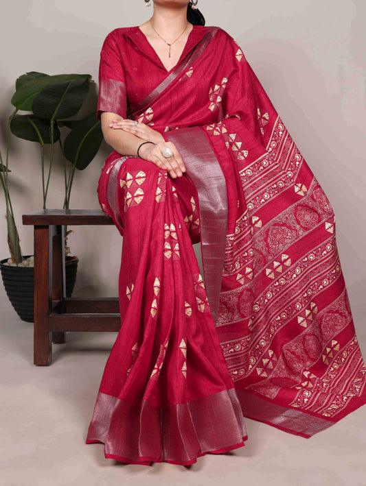 Slub Silk Printed Saree with Unstitched Blouse
