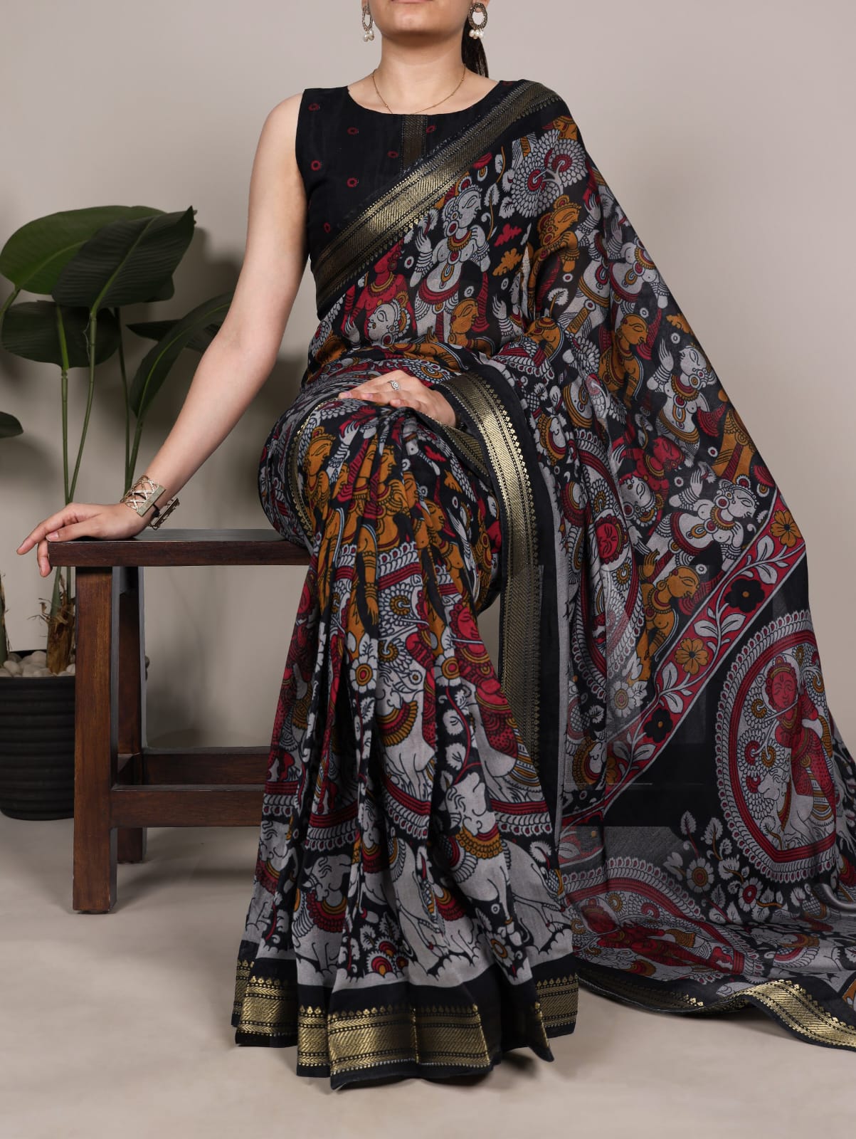 Kalamkari Print Polyester Viscose Chanderi Saree with Unstitched Blouse