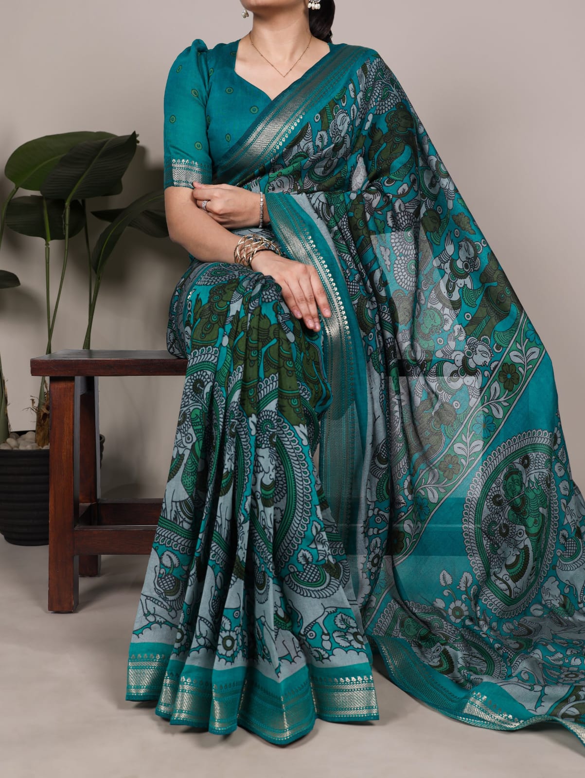 Kalamkari Print Polyester Viscose Chanderi Saree with Unstitched Blouse