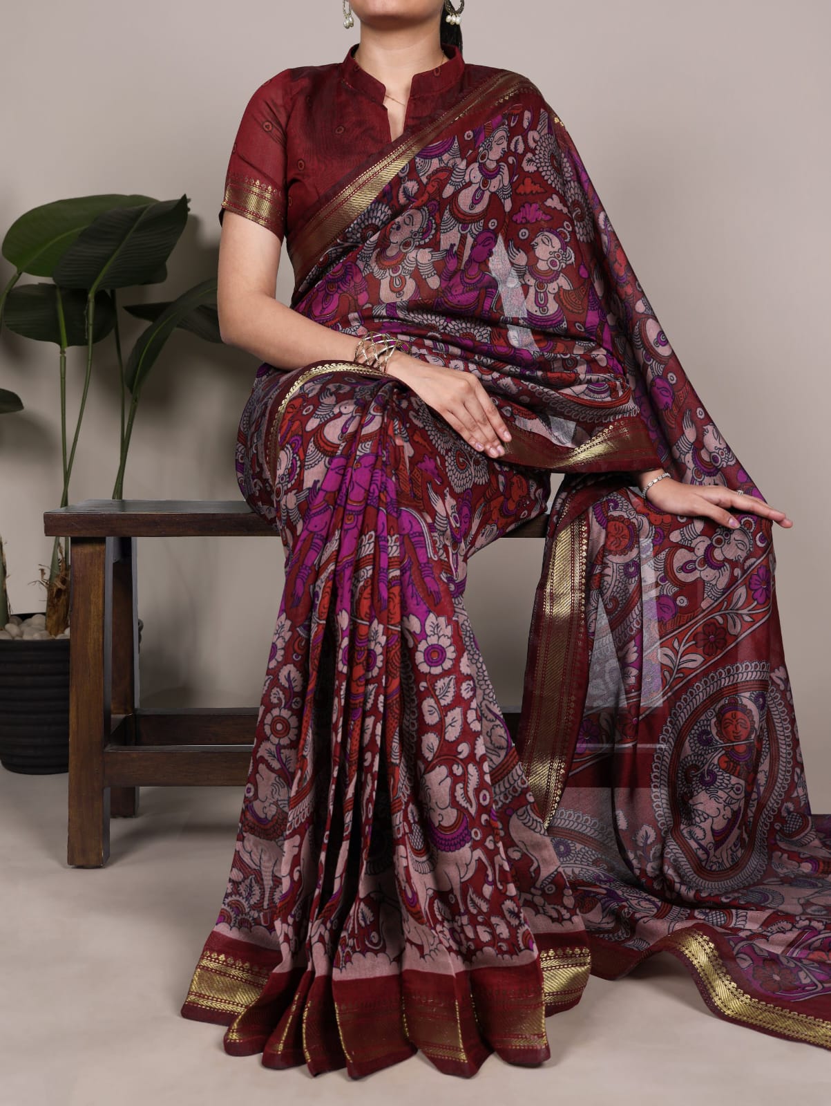 Kalamkari Print Polyester Viscose Chanderi Saree with Unstitched Blouse