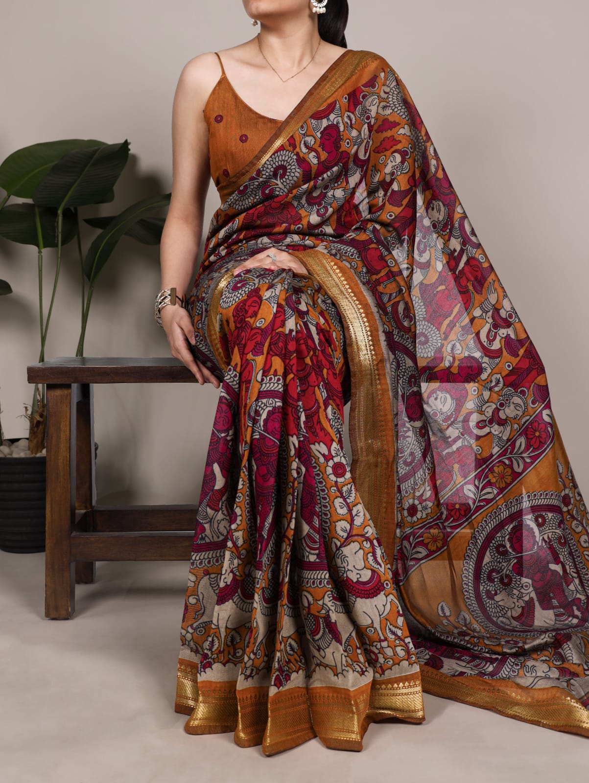 Kalamkari Print Polyester Viscose Chanderi Saree with Unstitched Blouse