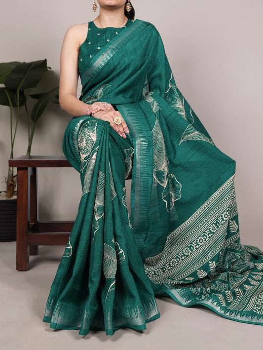 Floral Print Slub Silk Saree with Unstitched Blouse