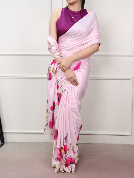 Satin Silk Print Saree with Unstitched Blouse