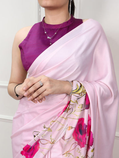 Satin Silk Print Saree with Unstitched Blouse