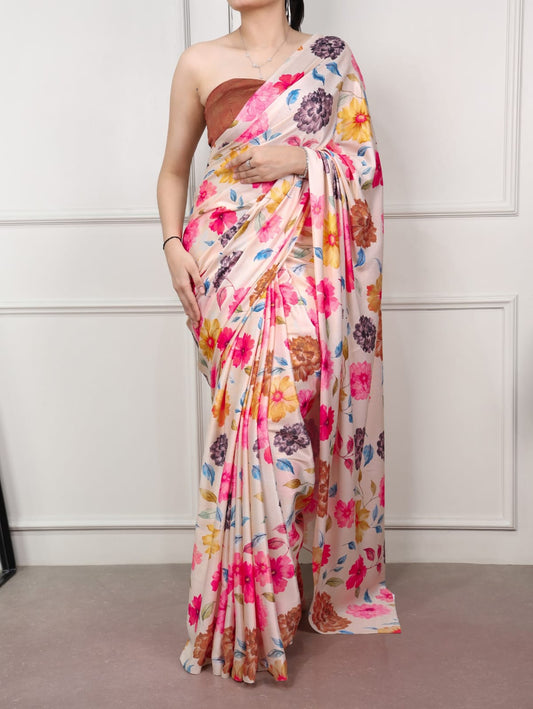 Satin Silk Print Saree with Unstitched Blouse