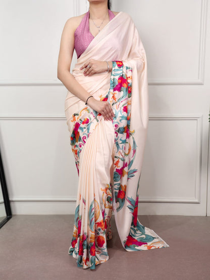 Satin Silk Print Saree with Unstitched Blouse