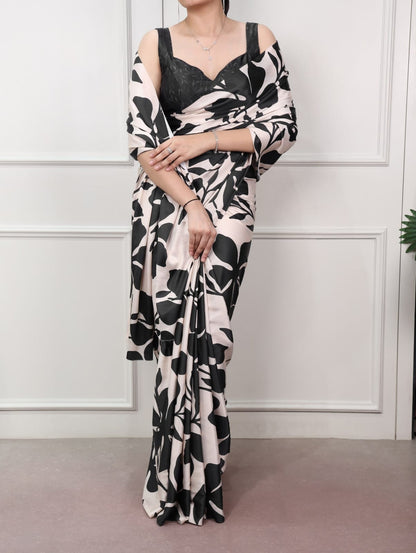 Satin Silk Print Saree with Unstitched Blouse