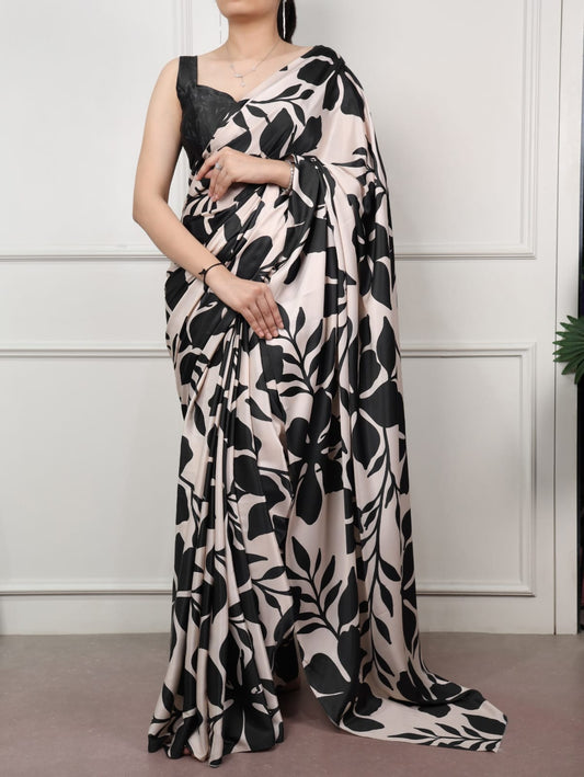 Satin Silk Print Saree with Unstitched Blouse