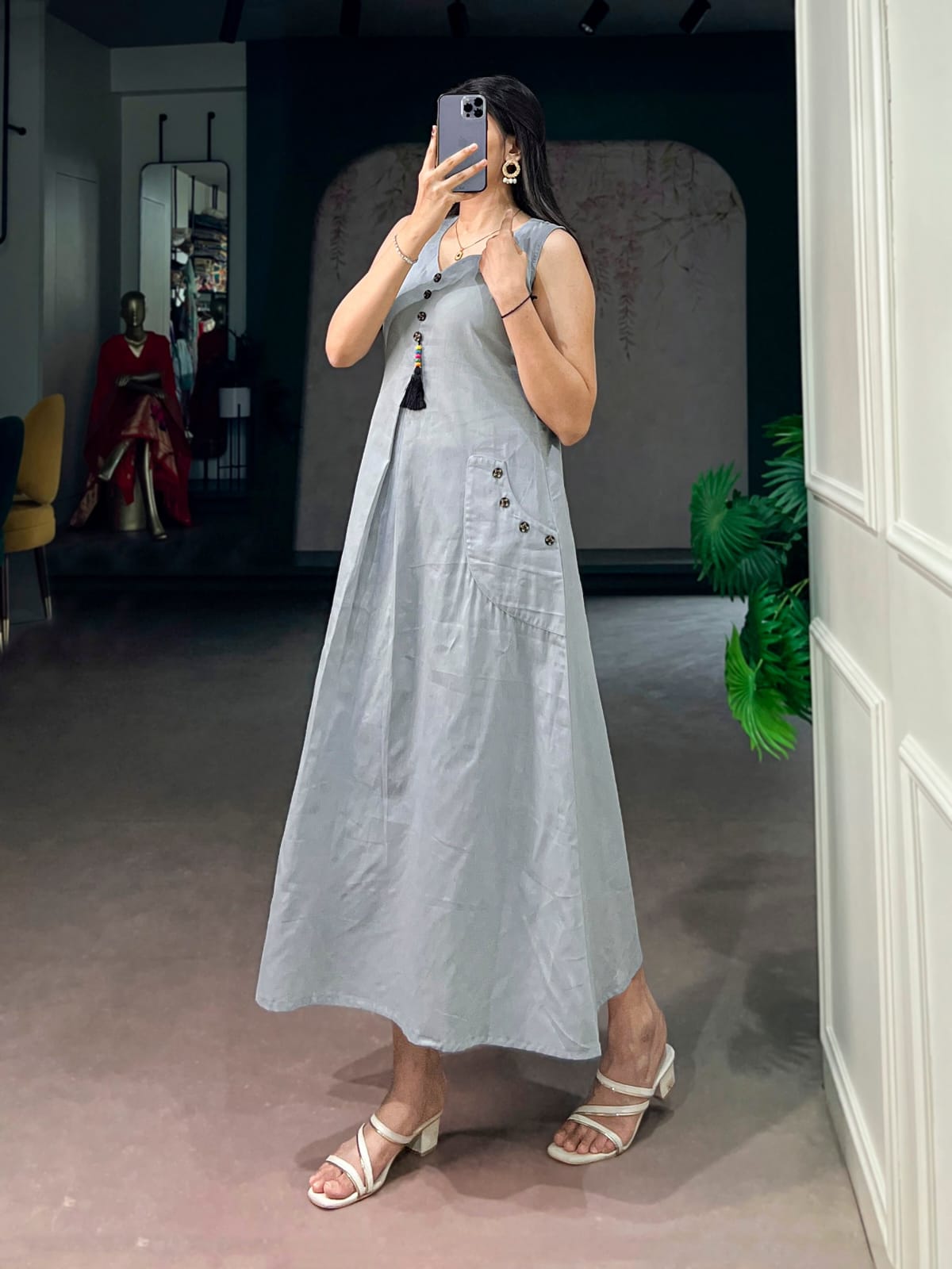 Elegant Sleeveless Khadi Cotton Maxi Dress with Pockets
