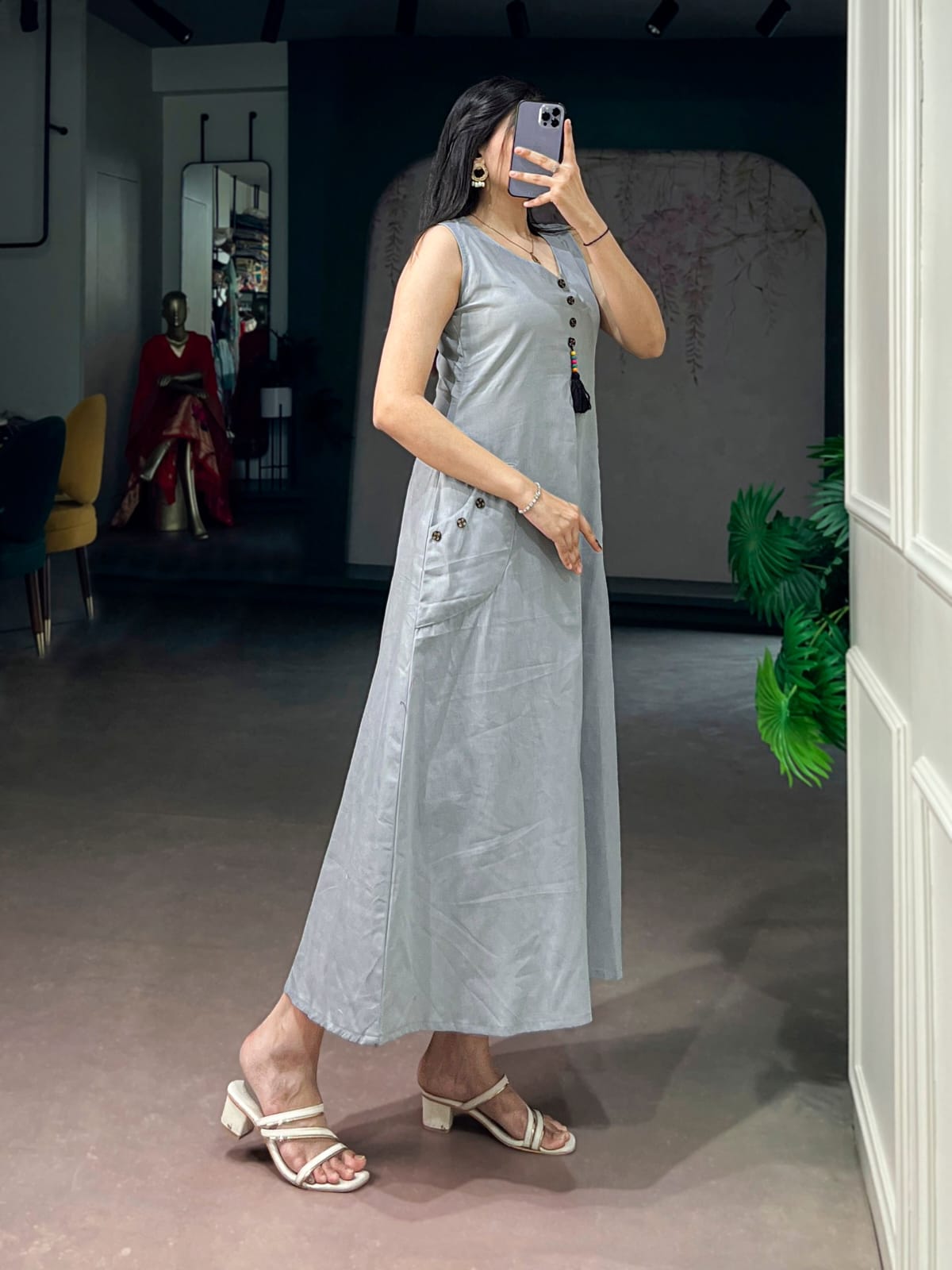 Elegant Sleeveless Khadi Cotton Maxi Dress with Pockets