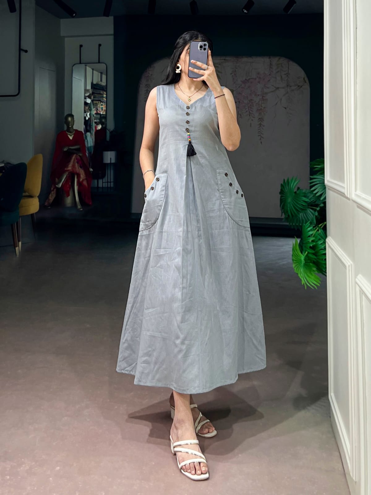 Elegant Sleeveless Khadi Cotton Maxi Dress with Pockets