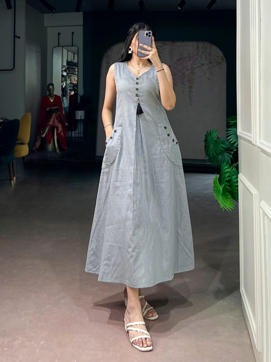 Elegant Sleeveless Khadi Cotton Maxi Dress with Pockets