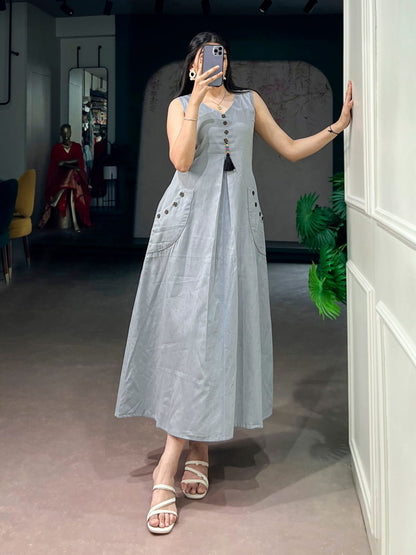 Elegant Sleeveless Khadi Cotton Maxi Dress with Pockets