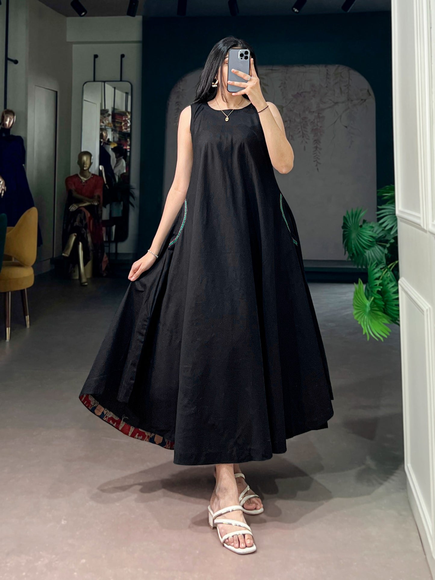 Elegant Sleeveless Khadi Cotton Maxi Dress with Pockets