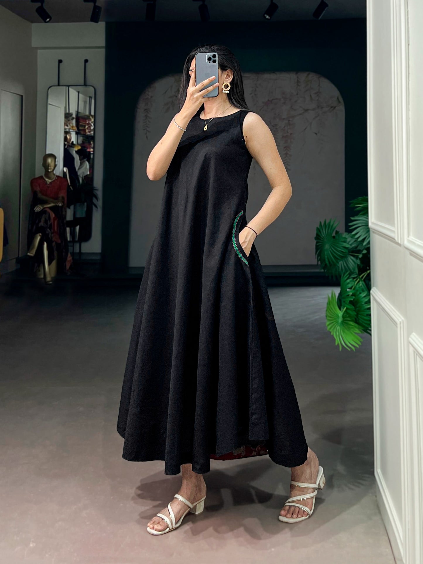 Elegant Sleeveless Khadi Cotton Maxi Dress with Pockets