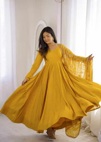 Yellow color Roman Silk Long Anarkali Gown