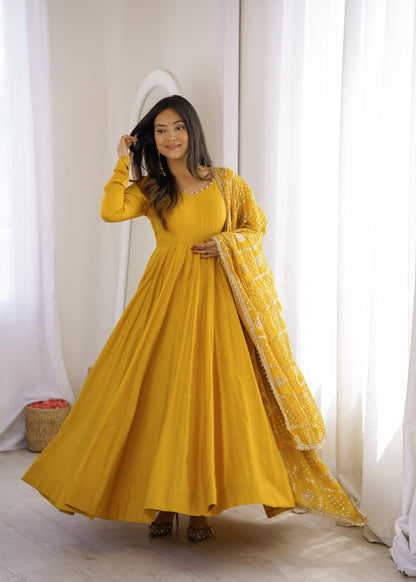 Yellow color Roman Silk Long Anarkali Gown