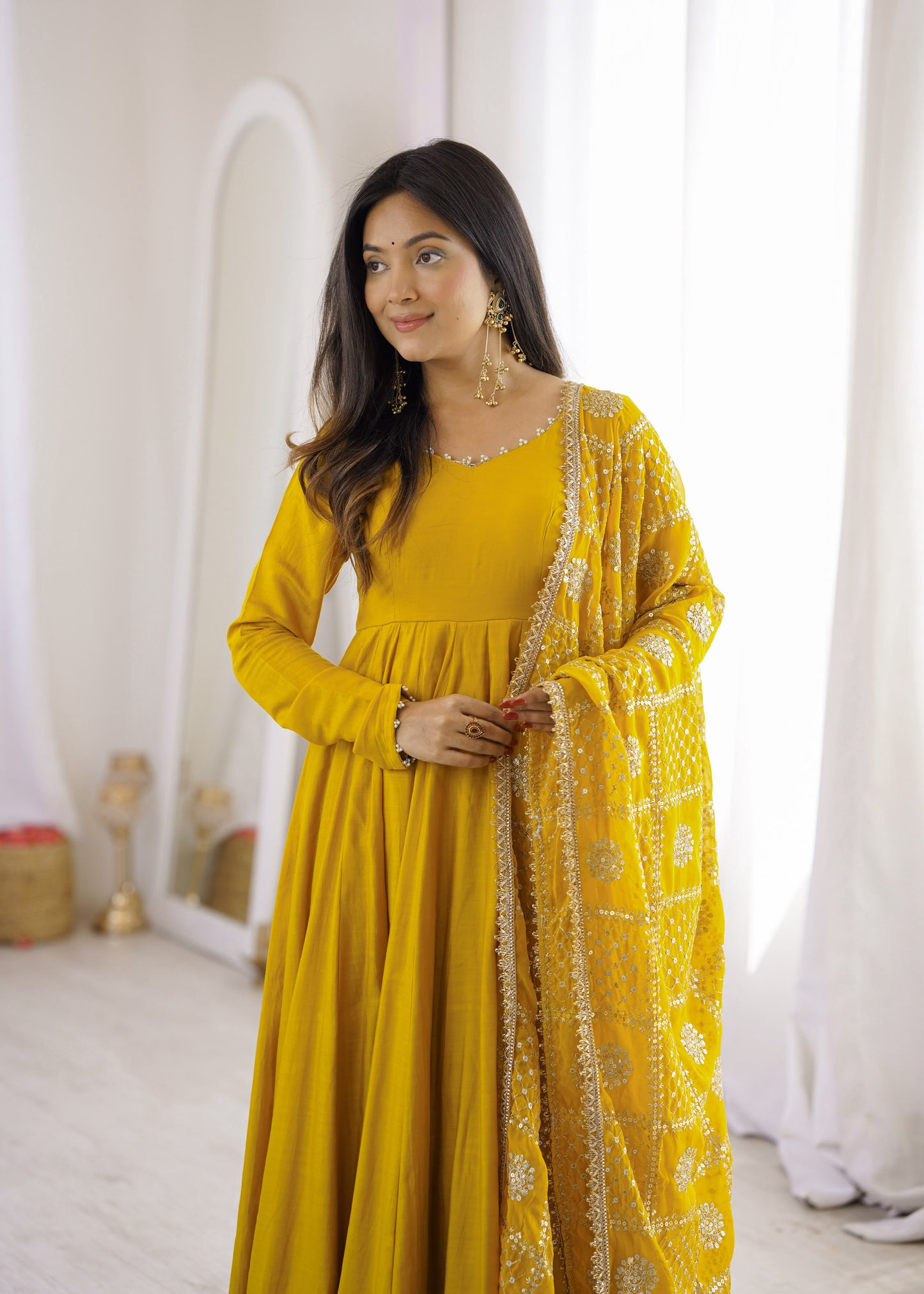 Yellow color Roman Silk Long Anarkali Gown