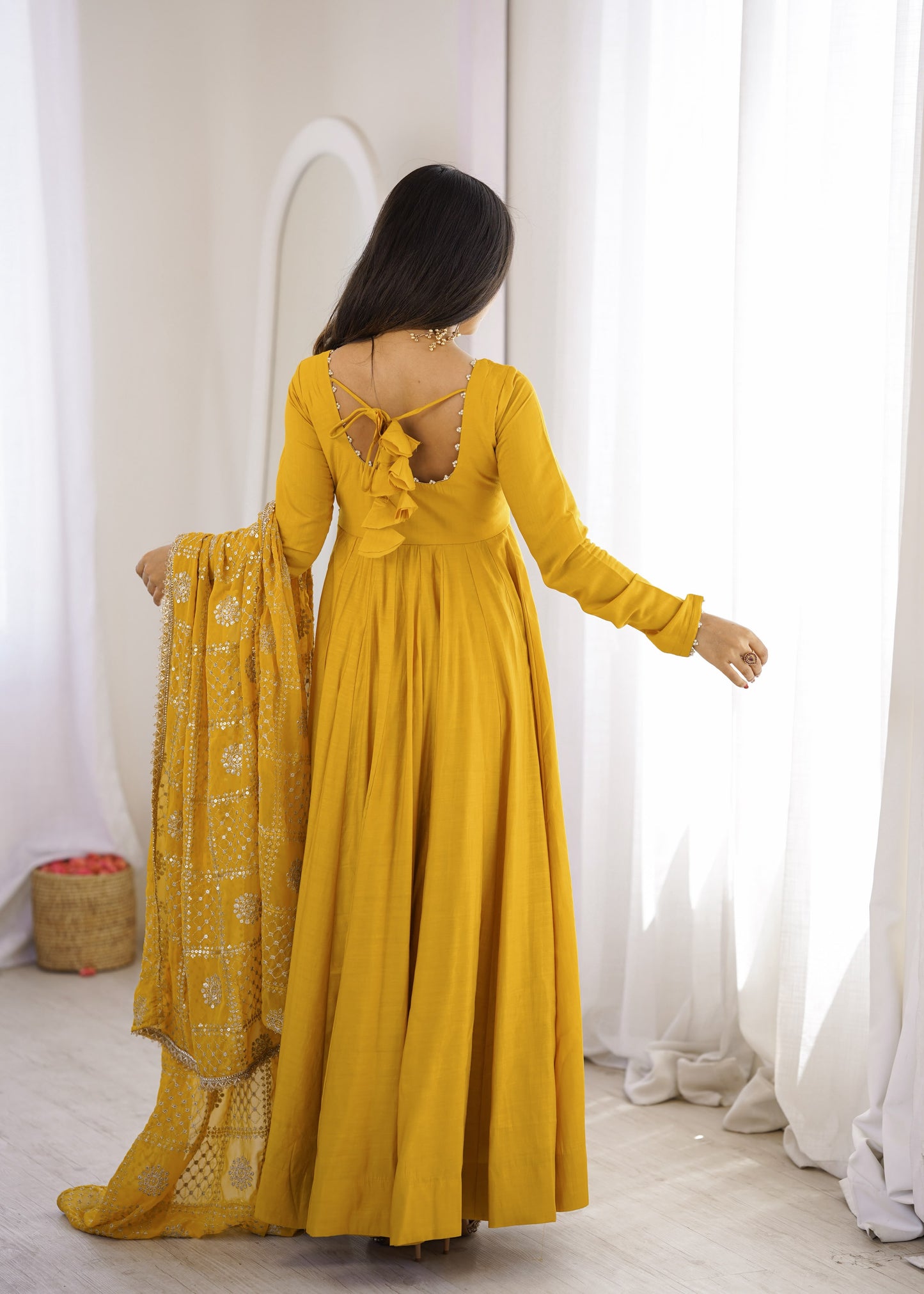 Yellow color Roman Silk Long Anarkali Gown