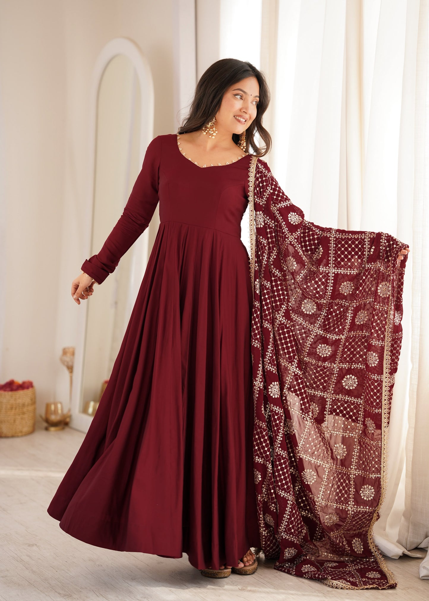 Maroon color Roman Silk Long Anarkali Gown