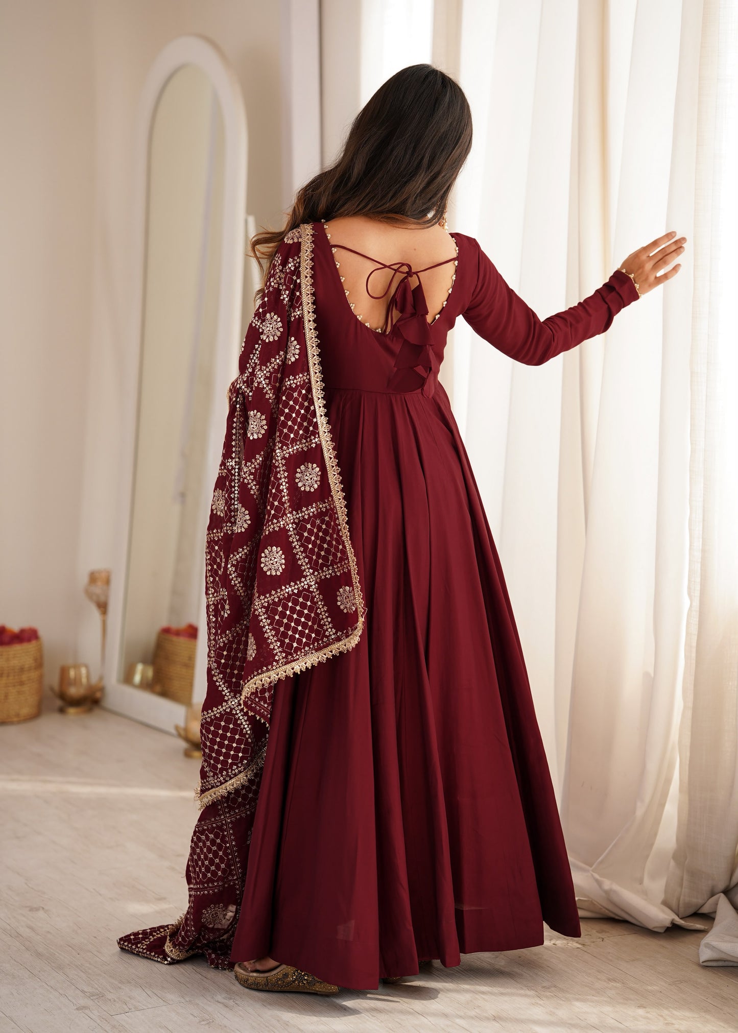 Maroon color Roman Silk Long Anarkali Gown