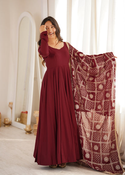 Maroon color Roman Silk Long Anarkali Gown