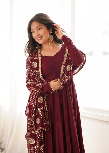 Maroon color Roman Silk Long Anarkali Gown