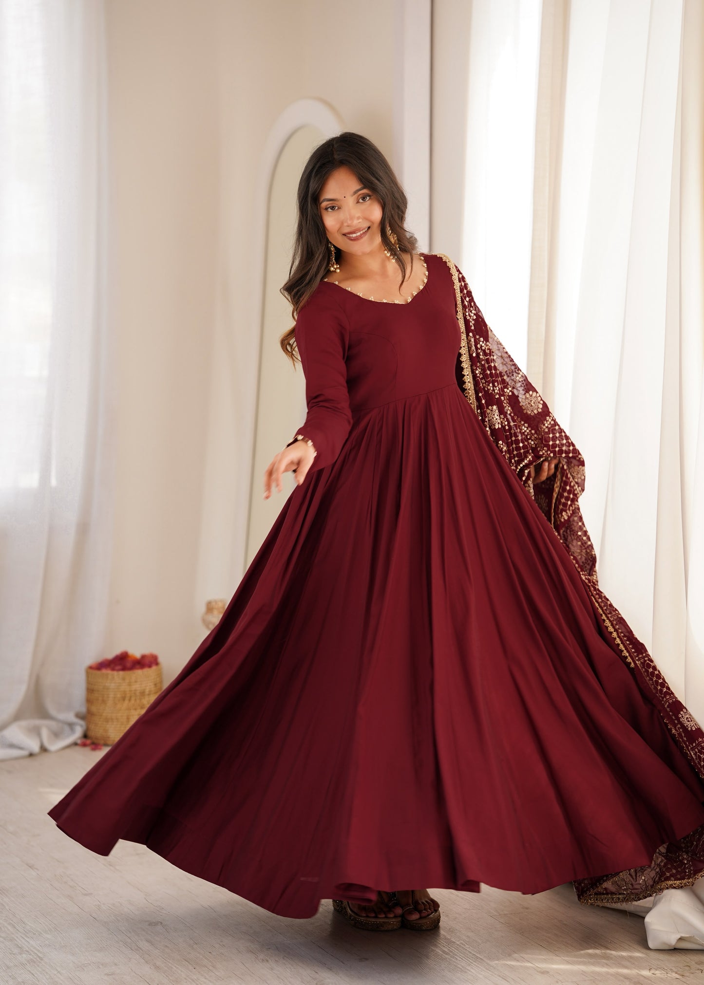 Maroon color Roman Silk Long Anarkali Gown